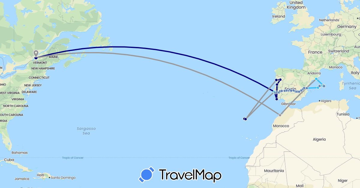 TravelMap itinerary: driving, plane, cycling, boat in Canada, Spain, Morocco, Portugal (Africa, Europe, North America)